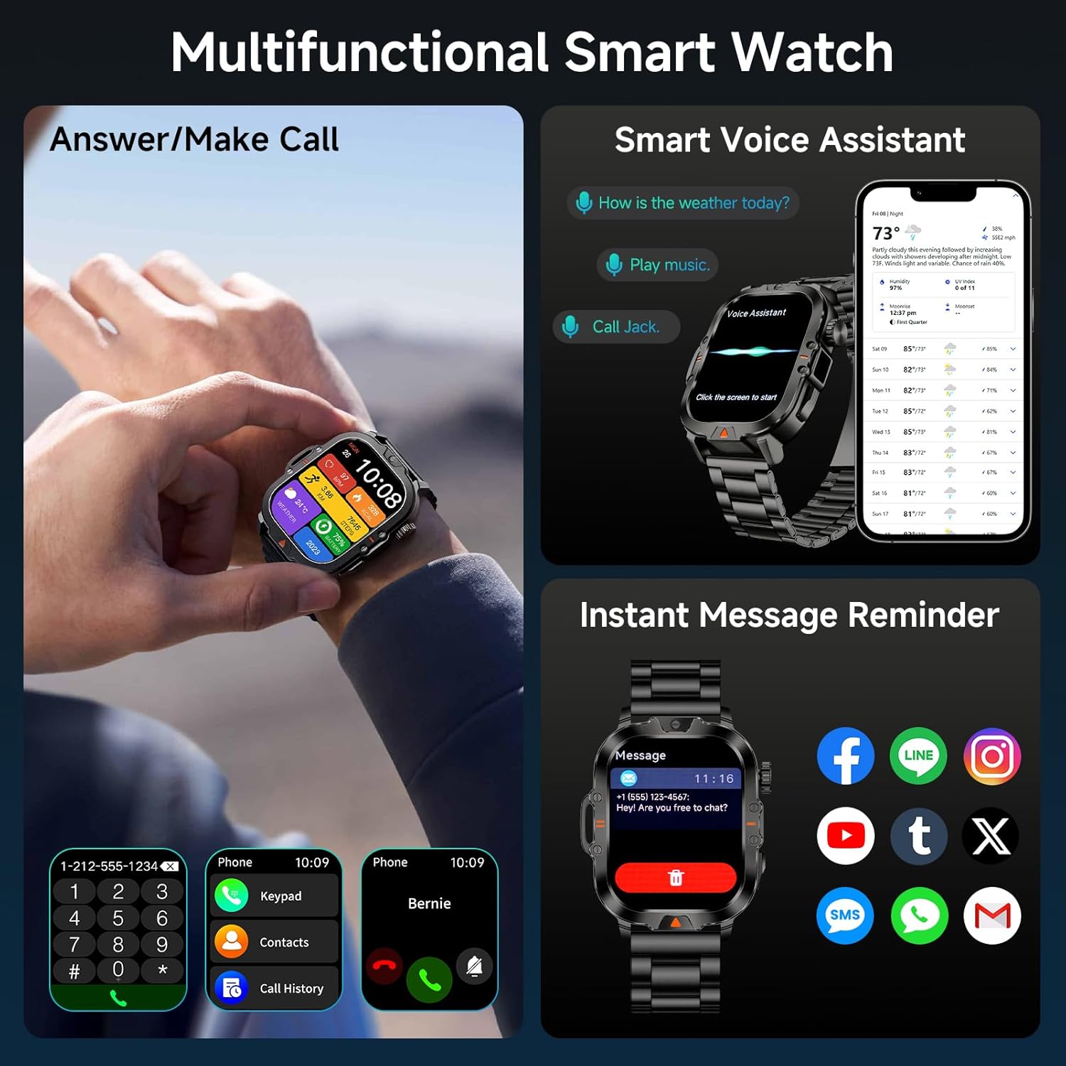 Smart Watch for Men Women Answer/Make Call, 1.85" HD Fitness Tracker with 24/7 Heart Rate & Sleep Monitor, 110+ Sports Modes, IP68 Waterproof Smartwatch, Long Battery Life for Android iOS, Black - Image 5