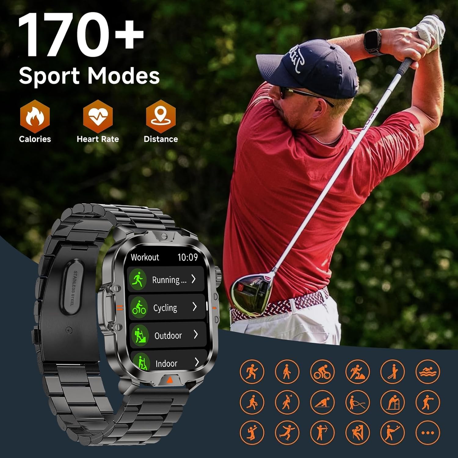 Smart Watch for Men Military Answer/Make Call 2.01″ Display 170+ Sports Modes Fitness Smart Watch IP68 Waterproof 30 Days Standby Smartwatch for Android iOS Black (2 Straps) - Image 7